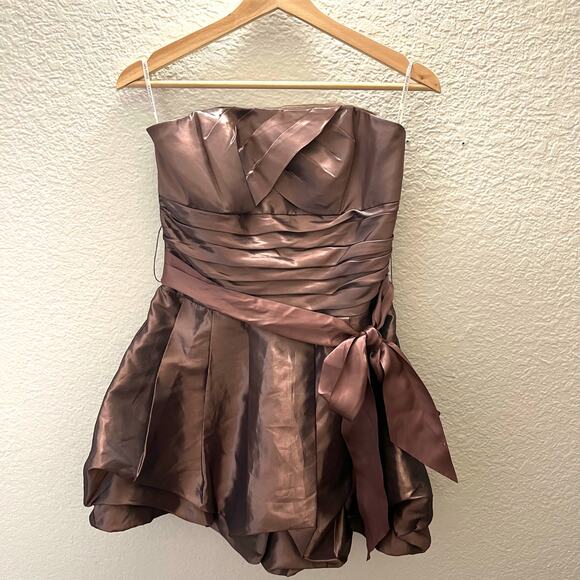 Jessica McClintock Gunne Sax Strapless Satin Bubble Hem Dress Y2K Brown Party XS - Picture 3 of 8